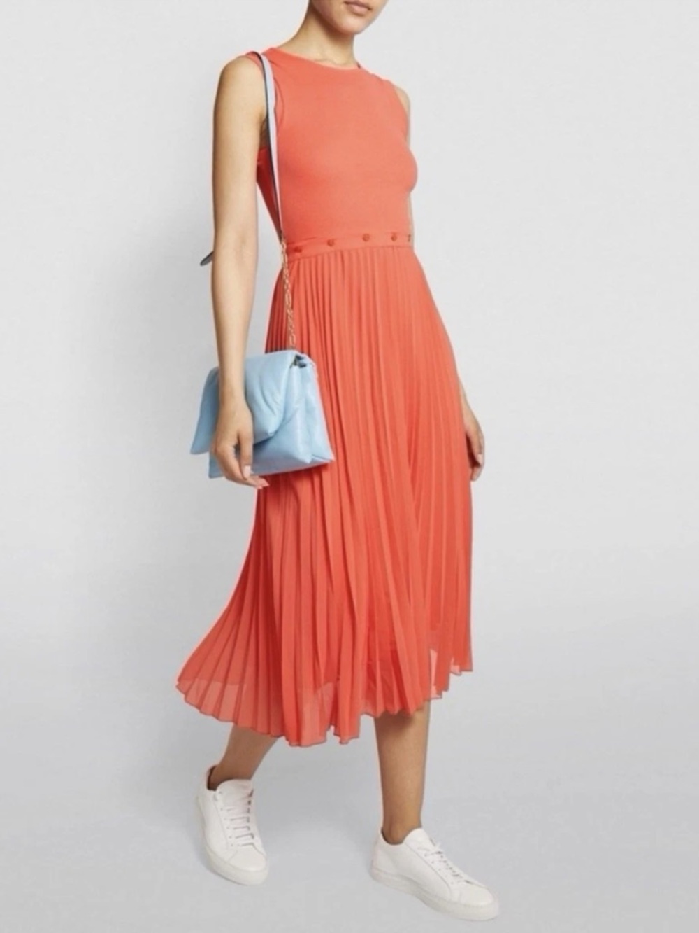 Maje Trompe L'oeil Riplit Pleated Jersey Orange Woven Midi Dress